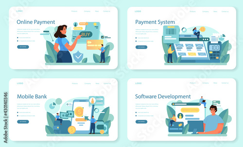 Payment system web banner or landing page set. Website payment system