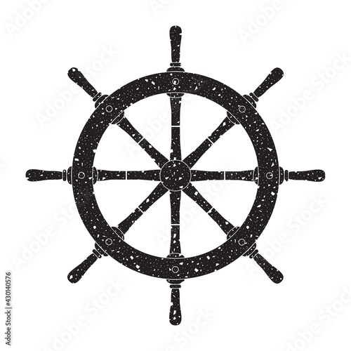 Old naval steering wheel vector icon isolated on white background. Aged black and white texture.