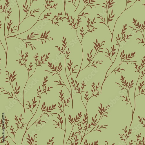 Wallpaper Mural Seamless natural pattern. Brown tree branches with leaves on a green background. Botanical illustration. Design of wallpaper, fabrics, textiles, packaging, posters, postcards, wedding design.
 Torontodigital.ca