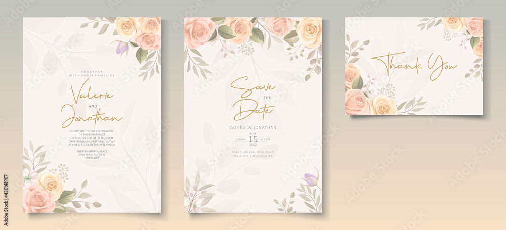 Set of beautiful soft color floral wedding invitation template