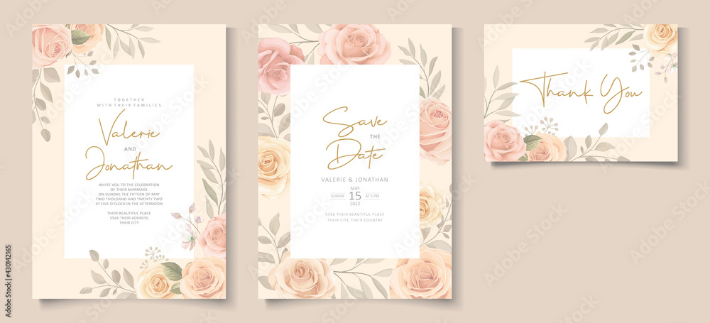 Fototapeta premium Set of beautiful soft color floral wedding invitation template