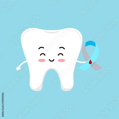 Cute tooth with diabetic awareness ribbon. Vector tooth holding support solidarity disease control symbol -grey and blue ribbon with blood drop. Flat design cartoon style clip art illustration.