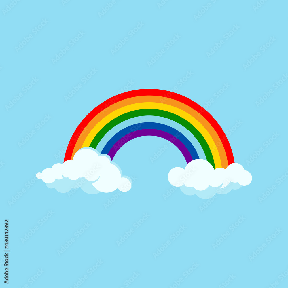 Rainbow and clouds vector icon isolated on blue sky background. Flat design cartoon style kids sticker illustration. Colorful simple clip art rainbow summer or springsymbol. Rainbow and clouds vector icon isolated on blue sky background. Flat design cartoon style kids sticker illustration. Colorful simple clip art rainbow summer or springsymbol.