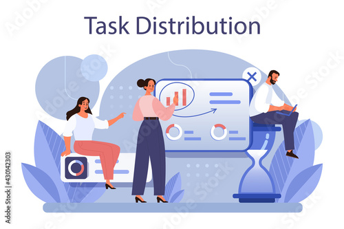 Task distribution concept. Interaction of departments, business teamwork