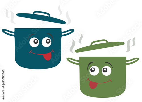 Funny kitchen saucepan set. Vector image.
