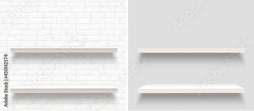 Vector collection of empty shelves. Vector mockup with white and brown wooden shelves. Light and brick wall 