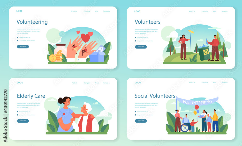 Volunteer web banner or landing page set. Charity community support Volunteer web banner or landing page set. Charity community support