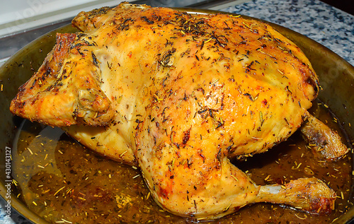 Crispy roasted chicken with spices and vegetables