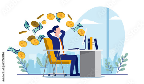 Businessman making money in office in front of computer. Salary and online earnings concept. Vector illustration with white background.