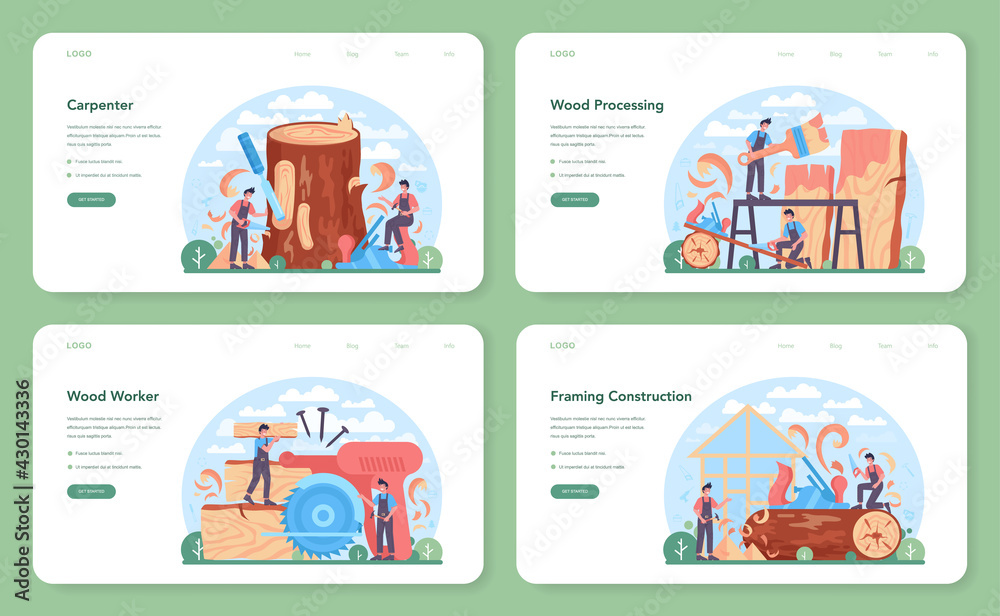 Obraz premium Carpenter web banner or landing page set. Woodworker processing wood-block