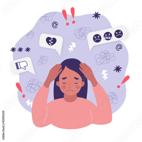 Concept victim of bullying, cyber-harassment, cyberstalking. Portrait of woman with stress, sadness, headache, head pain and negative emotions. Girl covering head with hands because of intimidation.