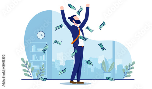 Happy businessman earning money - Male person celebrating salary with raised arms. Business success concept, vector illustration on white background.