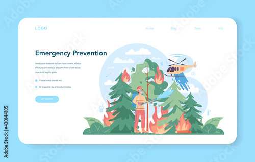 Fireman web banner or landing page. Professional fire brigade firhting