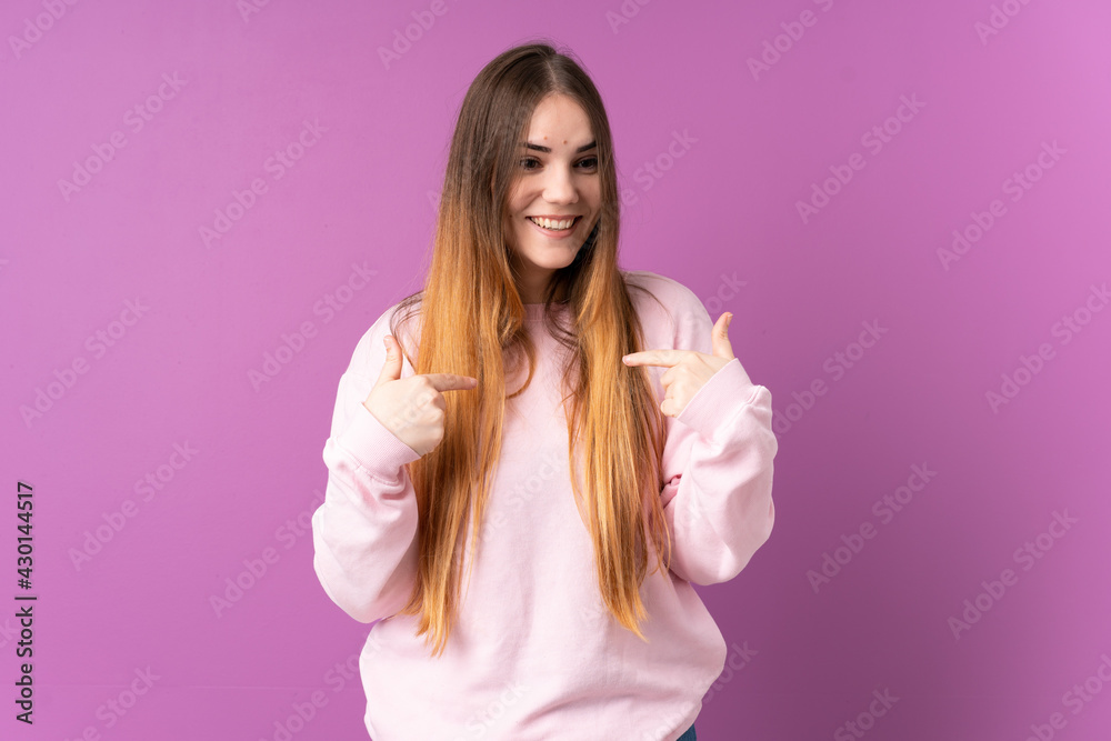 Young caucasian woman isolated on purple background with surprise facial expression Young caucasian woman isolated on purple background with surprise facial expression