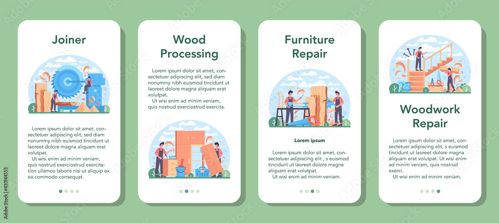 Jointer or carpenter mobile application banner set. Wooden furniture