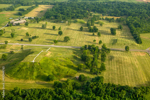 aerial view of Cahokia Mounds,  ancient Native American burial mounds near Collinsville, Illinois, USA. photo