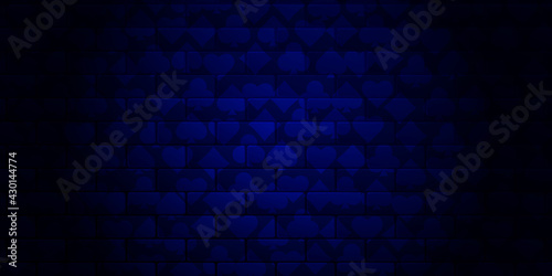 Dark blue brick wall with different suits of playing cards. Background for casino advertising, poker, gambling. Vector illustration.