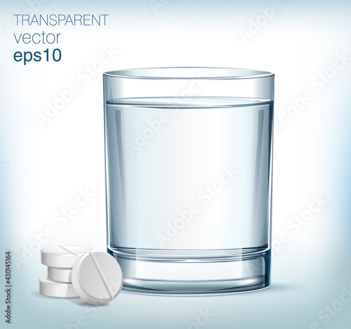 White solvable tablet in the glass with blue water and a few pills next to the glass.  Vitamin pill soluble in water.  Transparent vector