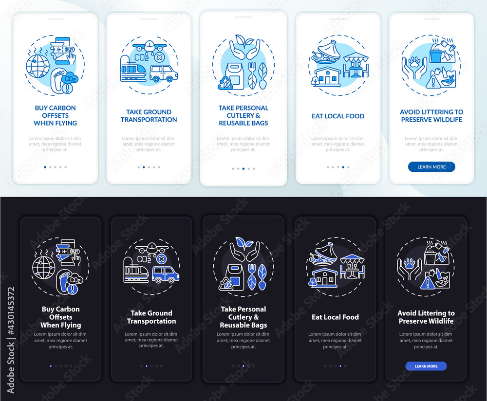 Sustainable tour tips onboarding mobile app page screen with concepts. Carbon offsets walkthrough 5 steps graphic instructions. UI, UX, GUI vector template with linear night and day mode illustrations