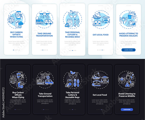 Sustainable tour tips onboarding mobile app page screen with concepts. Carbon offsets walkthrough 5 steps graphic instructions. UI, UX, GUI vector template with linear night and day mode illustrations