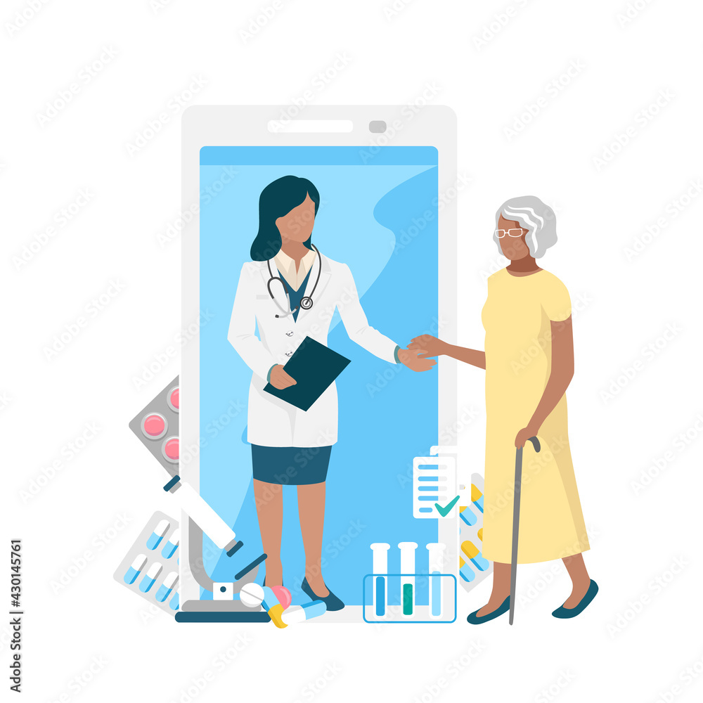 The doctor consults the patient via video communication online by phone. Vector illustration of online doctor isolated on white background.