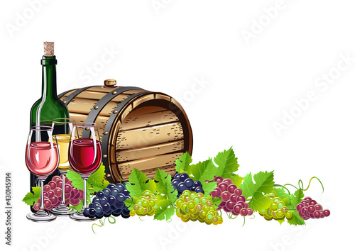 Wine and grapes realistic vector still life for poster, invitation, menu or internet decoration. Autumn harvest and delicious food and drink.