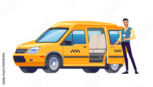 Taxi driver opens the door of his car and invites passengers. Yellow car taxi. Taxi service offer. Welcome hand gesture. Business vector illustration, flat design, cartoon style. Isolated background