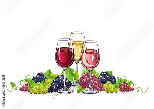 Wine and grapes realistic vector still life for poster, invitation, menu or internet decoration. Autumn harvest and delicious food and drink.