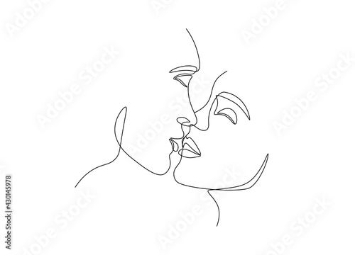 One line art of love couple kiss. Man and woman faces minimalist style for print, contemporary vector continuous linear drawing