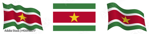 flag of Suriname in static position and in motion, fluttering in wind in exact colors and sizes, on white background