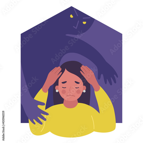 Illustration concept victim of domestic violence at home, mobbing. Portrait of woman with frustration, fear, sadness and negative emotions. Girl covering head with hands.