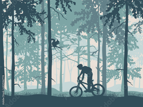 Silhouette of mountain bike rider in magical misty forest. Wild nature landscape. Squirrel on branch. Blue illustration.