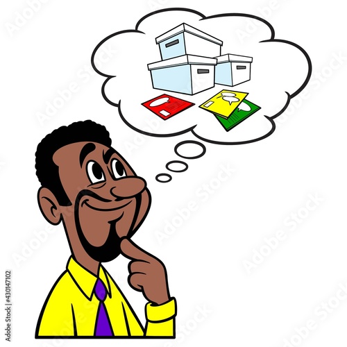 Man thinking about Comic Book Collecting - A cartoon illustration of a man thinking about collecting Comic Books as a Hobby.
