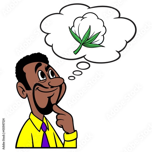 Man thinking about Cotton - A cartoon illustration of a man thinking about the different uses for Cotton.