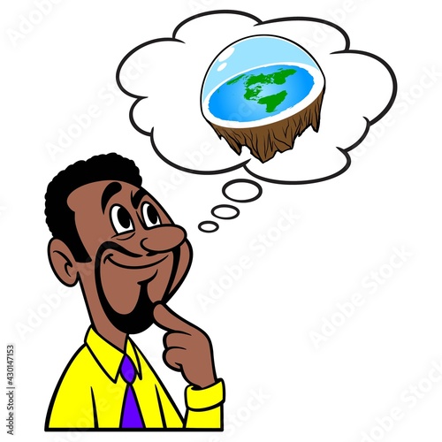 Man thinking about Flat Earth Theory - A cartoon illustration of a man thinking about the concept of a Flat Earth. 