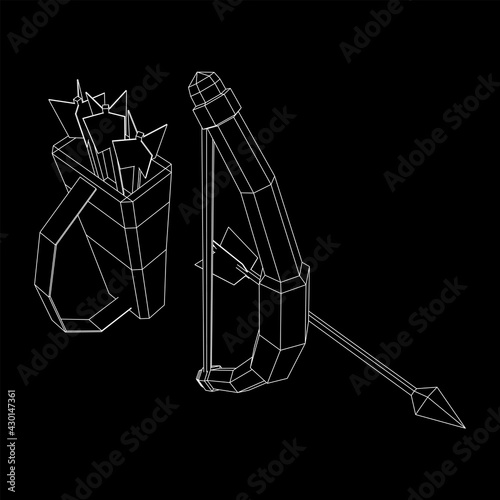 Medieval Bow and arrow archer weapon. Wireframe low poly mesh vector illustration.