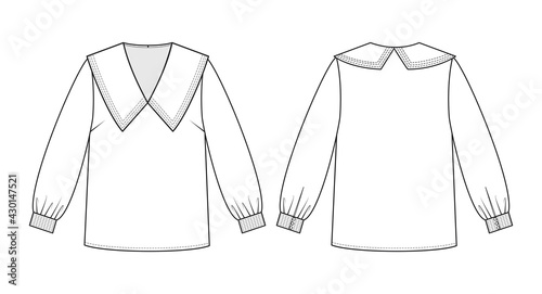 Fashion technical drawing of blouse whith a collar. Fashion flat sketch.