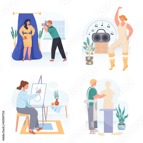 People do their favorite hobby concept scenes set. Men photographing or make sculpture. Women dancing or painting. Collection of people activities. Vector illustration of characters in flat design