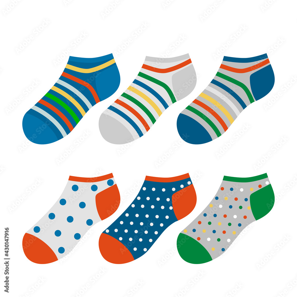 A large set of colored socks with various patterns and ornaments. children's socks in a cartoon style. A large set of colored socks with various patterns and ornaments. children's socks in a cartoon style.