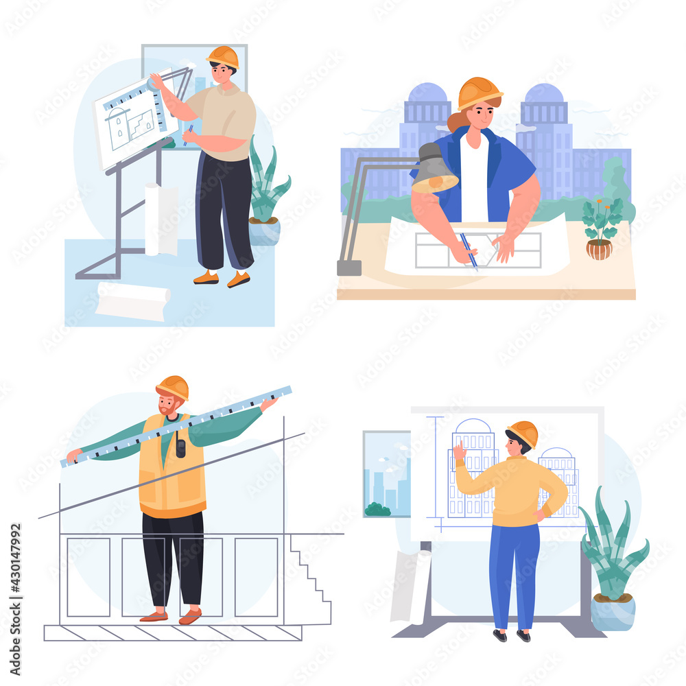 Architects profession concept scenes set. Architect draws blueprints, works on building project, makes measurements. Collection of people activities. Vector illustration of characters in flat design Architects profession concept scenes set. Architect draws blueprints, works on building project, makes measurements. Collection of people activities. Vector illustration of characters in flat design