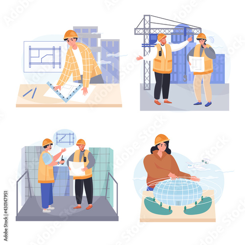 Architects profession concept scenes set. Architect draws blueprints, engineer at construction site, building model. Collection of people activities. Vector illustration of characters in flat design