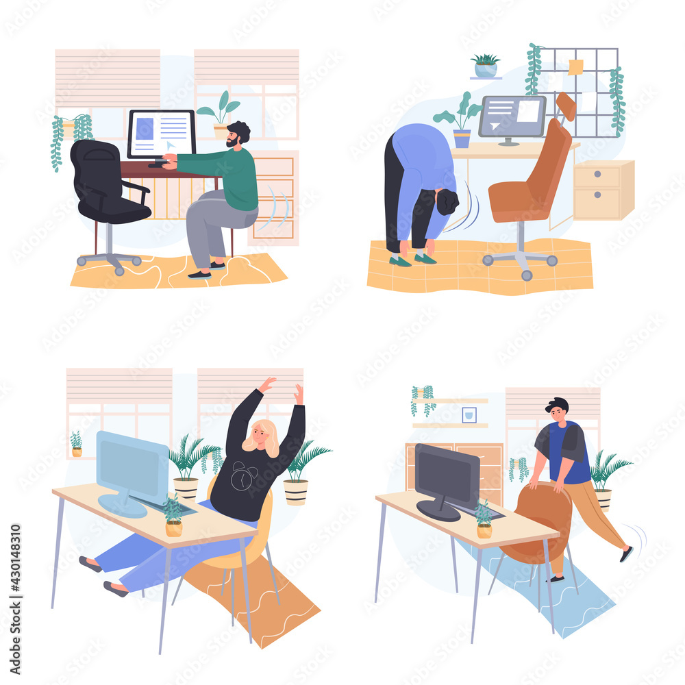 Different people exercise in workplace bedroom concept scenes set. Colleagues doing warm up, practice sport in office. Collection of human activities. Vector illustration of characters in flat design Different people exercise in workplace bedroom concept scenes set. Colleagues doing warm up, practice sport in office. Collection of human activities. Vector illustration of characters in flat design