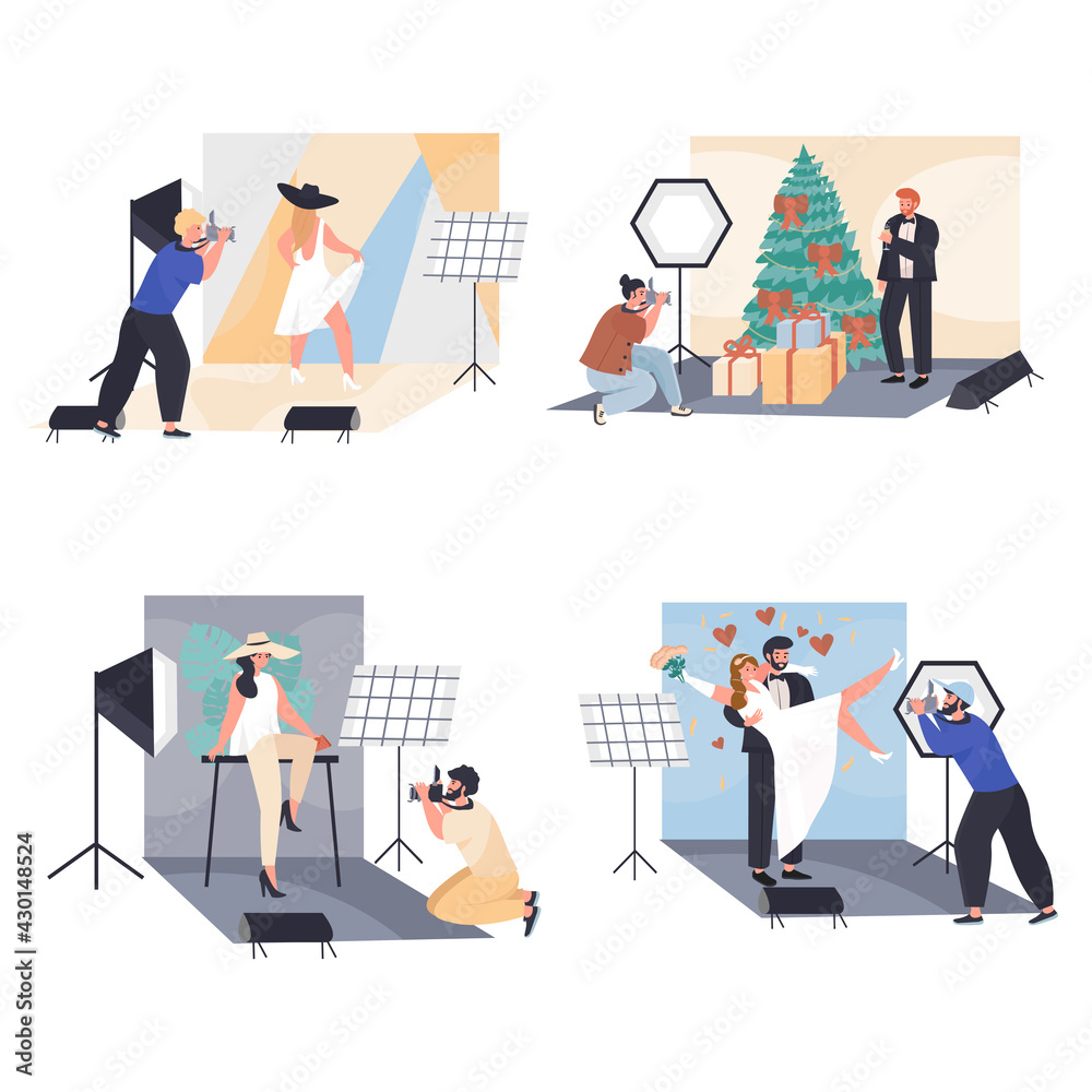 Men and women work as photographers concept scenes set. People make model, holiday or wedding photoshoot in studio. Collection of human activities. Vector illustration of characters in flat design