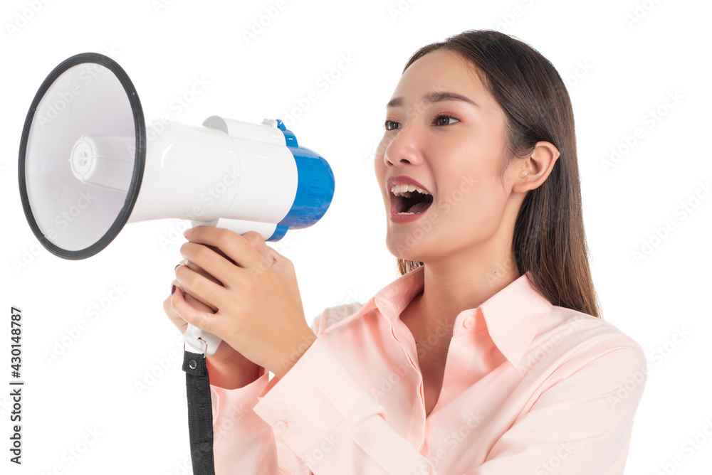 Fototapeta premium Attractive woman with megaphone isolated on white background.