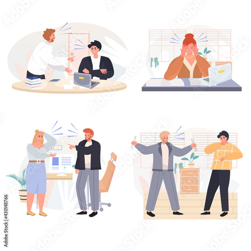 Rudeness in business team concept scenes set. Aggressive boss shouting at staff. Employees overworked and stressed. Collection of people activities. Vector illustration of characters in flat design
