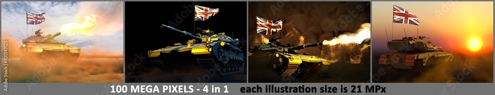 4 images of detailed tank with not real design and with United Kingdom (UK) flag - United Kingdom (UK) army concept with place for your content, military 3D Illustration