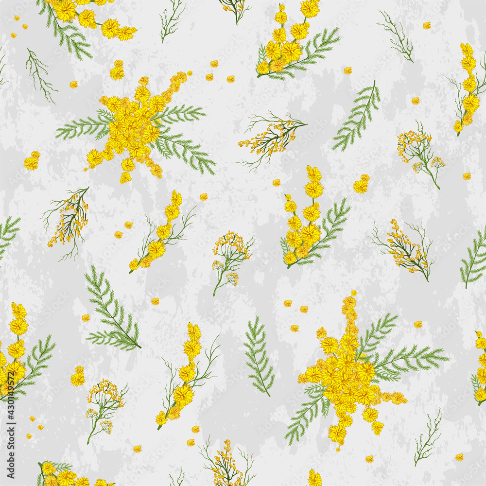 realistic seamless pattern with yellow mimosa flowers. a hand-drawn botanical pattern in a minimalist style. spring art wallpaper for print, paper. vector illustration.