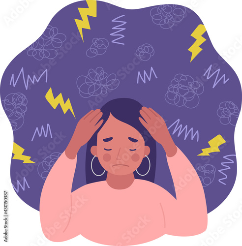 Portrait of woman with frustration, depression, mental stress, sadness, headache, head pain and negative emotions. Girl covering head with hands. Flat vector illustration and background