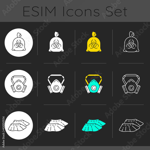 Protective medical equipment dark theme icons set. Infectious waste bag. Shoe covers. Hospital safety. Disposable PPE. Linear white, solid glyph and RGB color styles. Isolated vector illustrations
