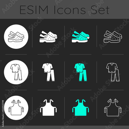Disposable medical uniform dark theme icons set. Medical shoes. Scrub suit. Disposable PPE. Sterile apron for uniform. Linear white, solid glyph and RGB color styles. Isolated vector illustrations